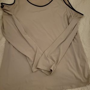 Calvin Klein taupr blouse faux leather cold shoulder  trim